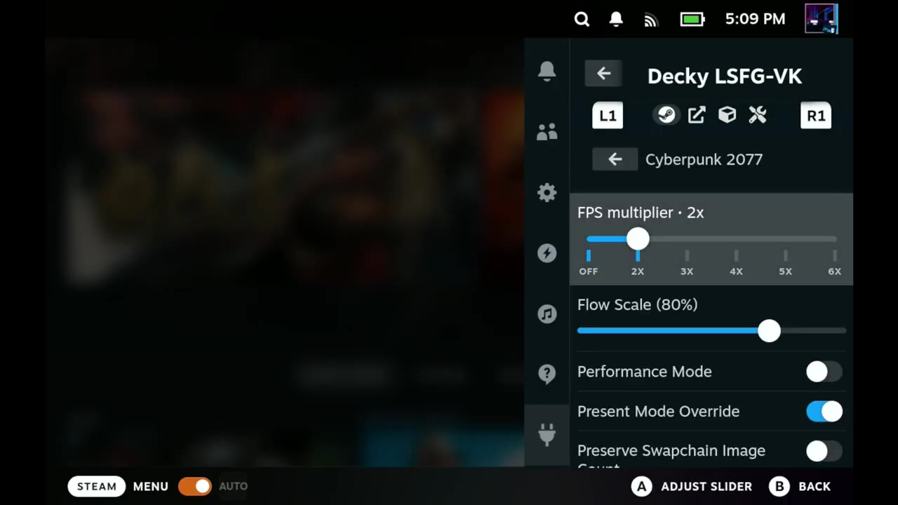 LSFG-VK settings for Cyberpunk 2077: 2x multiplier, 80% flow scale, performance mode on