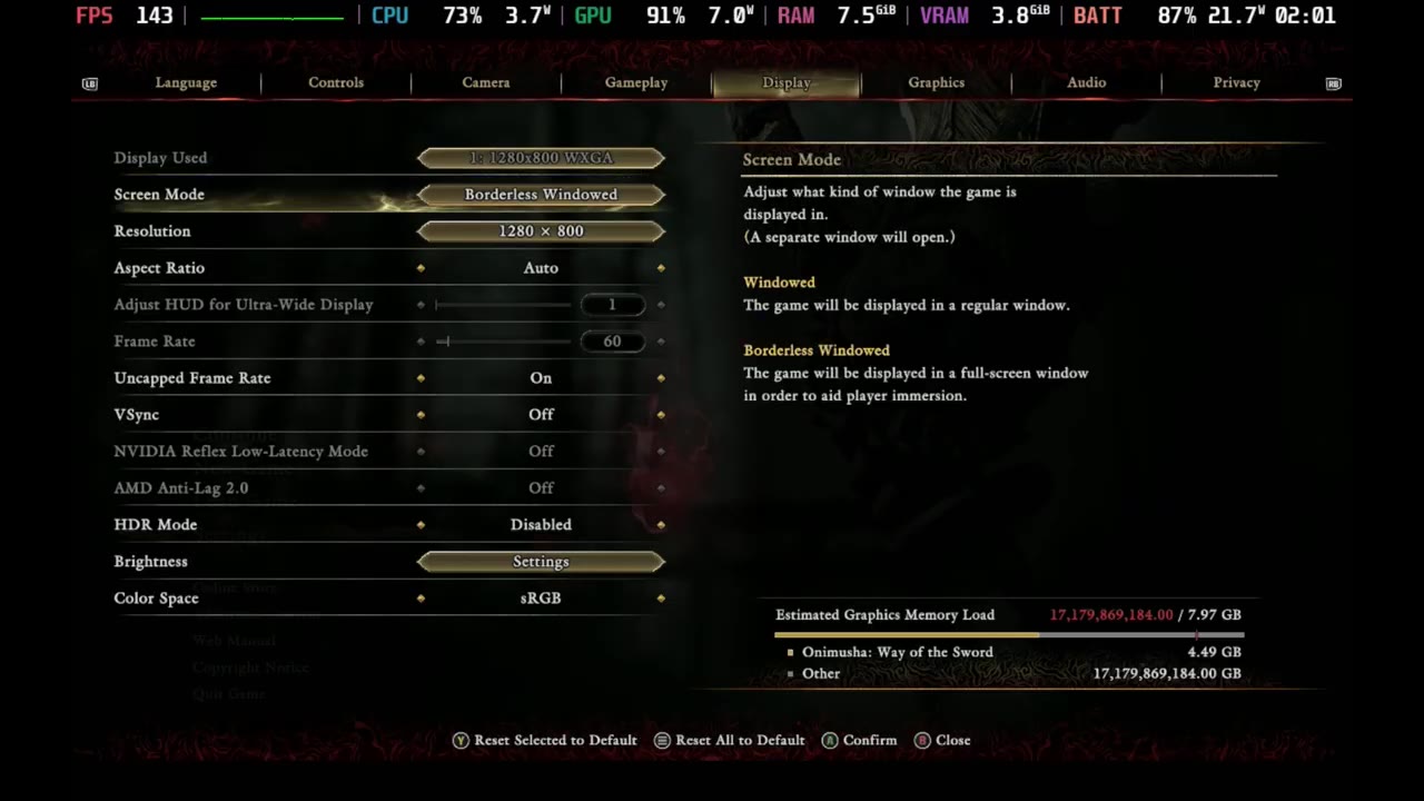 Onimusha display settings on Steam Deck OLED