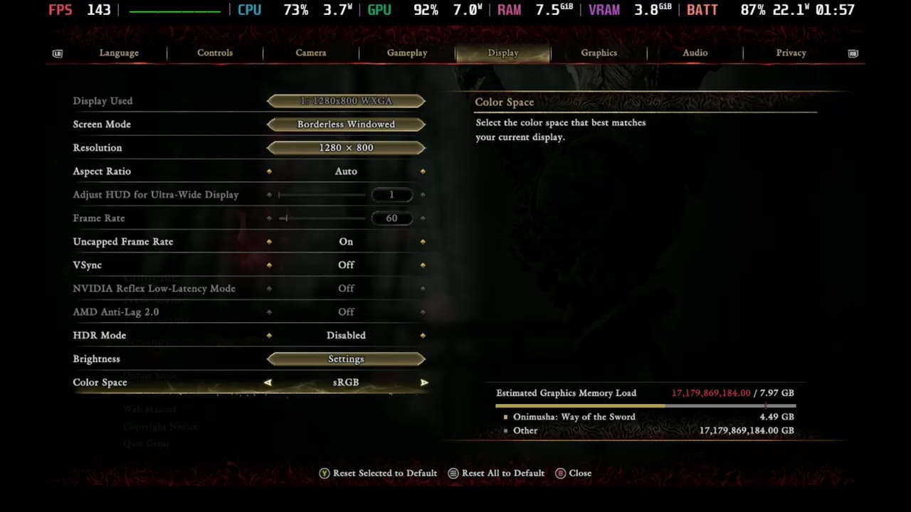 Onimusha graphics settings with Lowest preset and FSR Performance